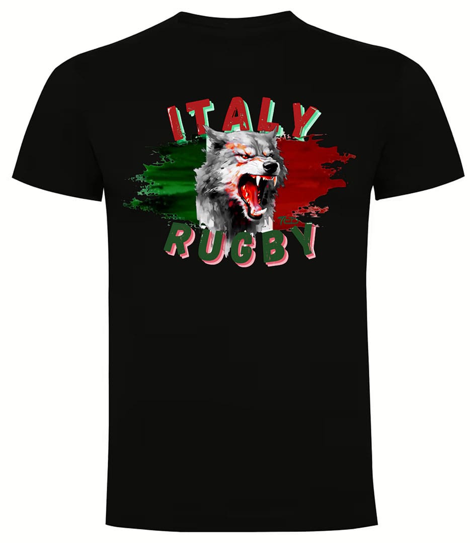 Camiseta Italia Rugby negra lobo